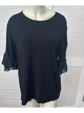Kim & Cami Black Ruffle Cuff Tee XL Rayon Knit Chiffon Sleeve Top